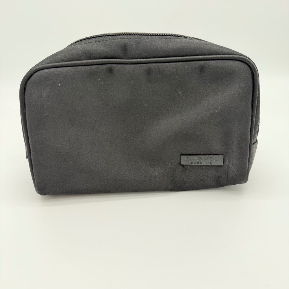 Chanel Parfums Black Cosmetic Makeup Bag Pouch Satin Gift Zippered Logo Liner